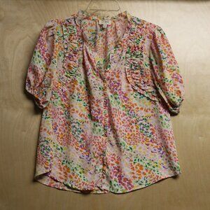 Umgee Abstract Print Puff Sleeve Ruffle Trim Blouse Women's Sz Small